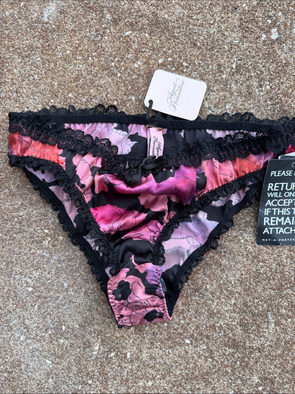 Agent Provocateur Black and Pink Floral Lace-Trim Panties Size 3-NWT